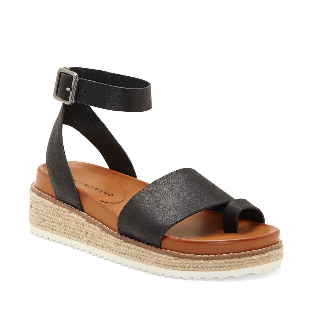 Lucky Brand Black Itolva Leather Espadrille Wedge Ankle Strap Sandals 9.5